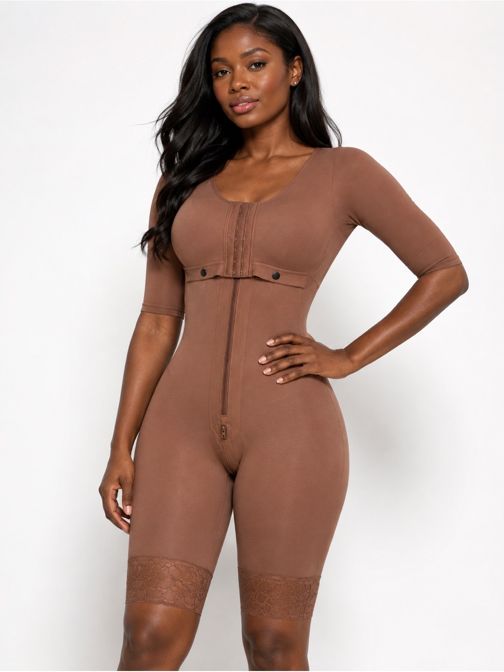 Women’s Full Body Shapewear Compression Bodysuit Knee Length Brown Size M